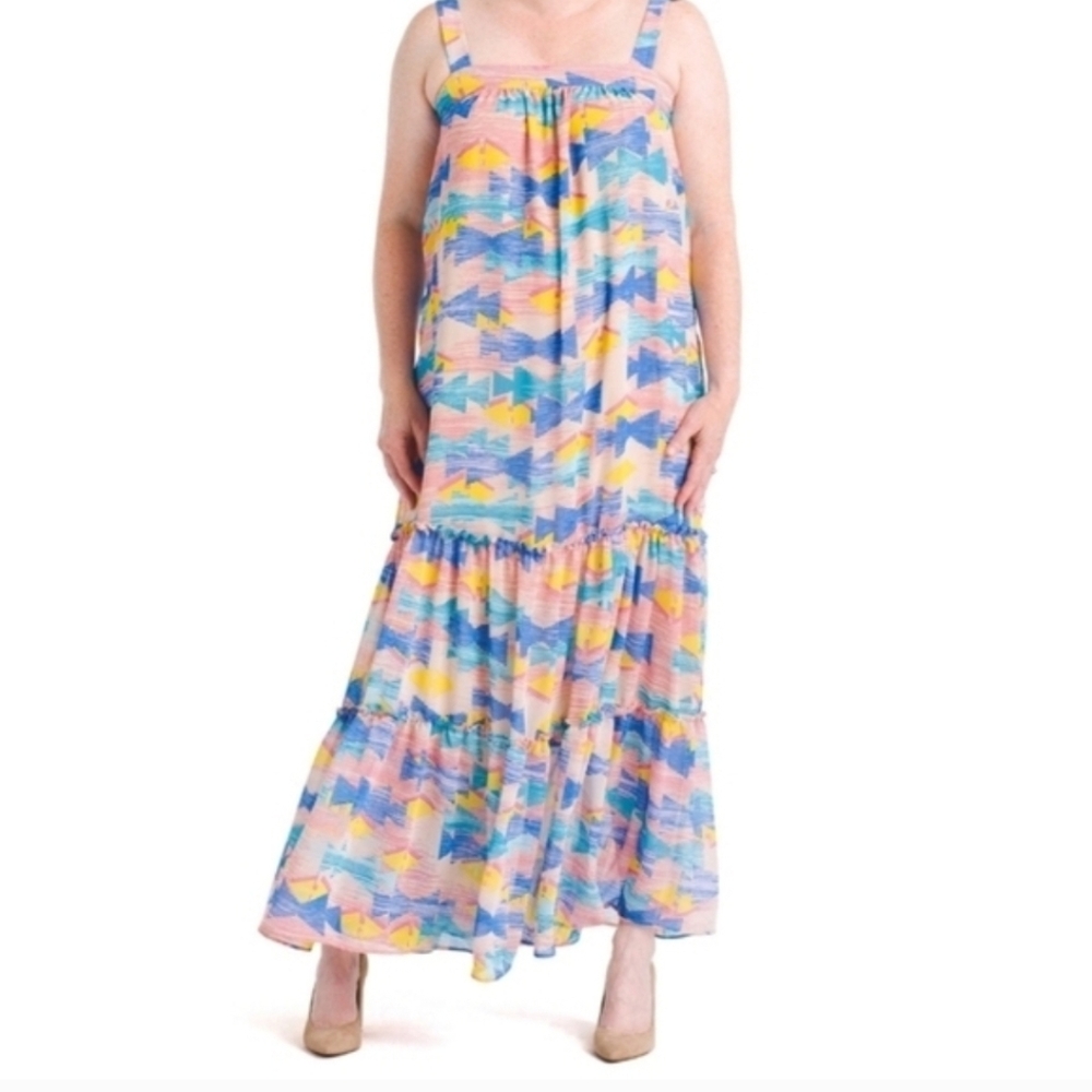 Melissa Masse Muted Pink Blue Yellow Geometric Maxi Dress XL (6613)